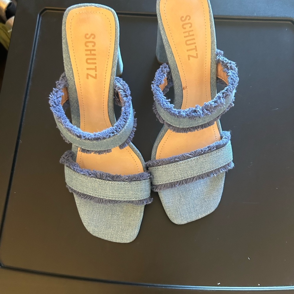 Schutz Blue Frayed Denim Women's Sandals